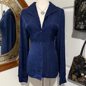 VTG 90s Silks Dark Navy Blue Shifty Paisley 100% Silk Collared Button Down Top M